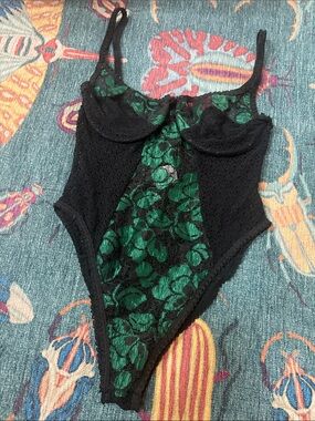 Vintage 80s super high cut Alana Gale fishnet bodysuit with Green lace L